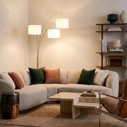 Brightech Trilage Arc Floor Lamp - Large Standing Lamp with 3 Fabric Shades & LED Bulbs for Living Room Over the Sofa, Reading, Multi-Head Traditional Tree Floor Lamp for Bedroom - Brass