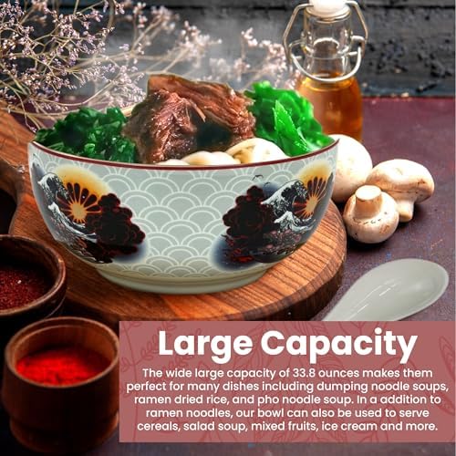 XWORLD Japanese Ceramic Ramen Noodle Bowls Set with Ceramic Spoon, Bamboo Chopsticks, Lid & Trivet, Serving Capacity of 33.8 OZ, Microwavable Oven Safety (3.3” x 6.6” D) (Landscape)