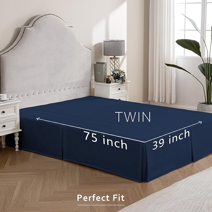 MIYE Pleated Waffle Weave Bed Skirt, Tailored Dust Ruffle 14 Inch Drop Easy Fit, Machine Washable (Navy Blue, Twin - 14" Drop)