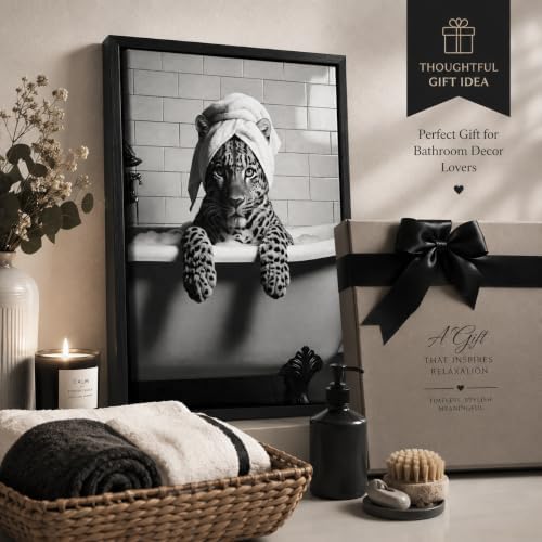 Framed Leopard In Bathtub Canvas Wall Art Trendy Black and White Bathroom Animal Wall Decor Picture Funky Maximalist Leopard Bathroom Aesthetic Poster Print for Restroom Toilet Decoration 8x10in