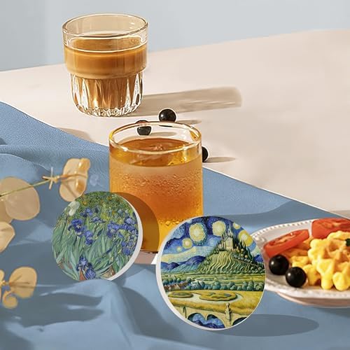 Drink Coasters Set of 6 with Holder, Van Gogh Style Absorbent Ceramic Coasters with Cork Base,Fit All Cups,Great Gift for Housewarming,Room Decor,Bar,Holiday Party