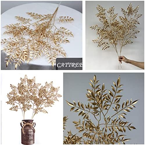 CATTREE Artificial Gold Leaves, Plastic Plants Christmas Decorations 30" Tall Golden 2 Pack, Fake Shrubs Bushes for Indoor Home Table Centerpieces Hotel Hall Party Decor Wedding Planting Filler