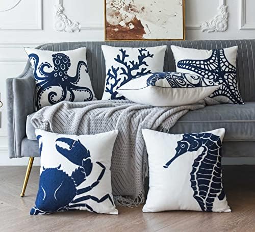 Embroidered Nautical Decor Pillow Cover,Square 18 Inches Decorative Canvas Pillow Cover for Nautical Style Deco by (Navy-Octopus)