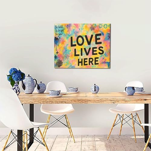 Crekviy Banksy Wall Art Street Graffti Wall Decor Romantic Love Canvas Prints Painting Love Lives Here Artwork Decorations for Bathroom Bedroom Living Room Framed Gifts 16"x20"
