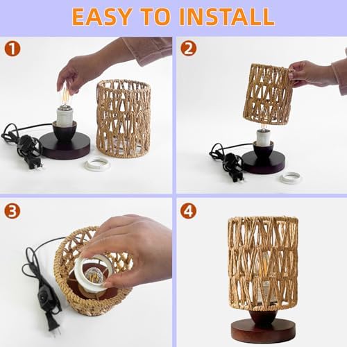 Boho Rattan Lamp for Bedroom,Wicker Wooden LED Bedside Lamp for Nightstands