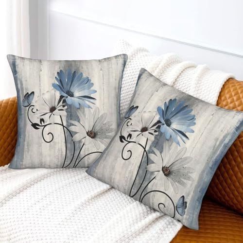 Baby Blue Floral Pillow Covers 20 x 20 Inch Set of 2 Daisy Floral Butterfly Decorative Throw Pillow Covers Linen Rustic Farmhouse Cushion Cases for Home Sofa Couch Living Room Decor