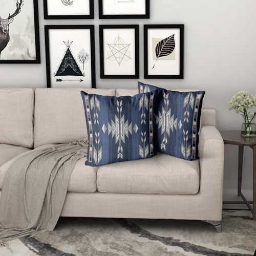 Giwawa Southwestern Throw Pillow Covers, Navy Blue Grey Native American Pillow Cases Set of 2, Ethnic Tribal Geometric Square Cushion Covers Double Sided for Sofa Porch Bedding Patio Decor, 16x16 Inch