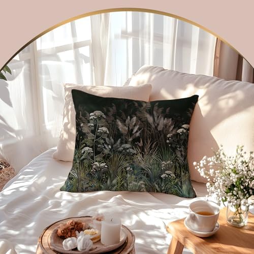 Moody Meadow Botanical Pillow Cover 18x18 Double-Sided, Dark Academia Cottagecore Nature Forest Green Pampas Grass Wildflower Decorative Throw Pillow Cover for Home Bedroom Living Room