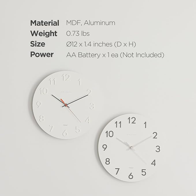 mooas 3D Numbers Modern Wall Clock, 12" Battery Operated, Analog (Silver) | Silent Non-Ticking Sweep Movement, Decorative, Home Decor Living Room Kitchen Bedroom Office Living Room Hotel