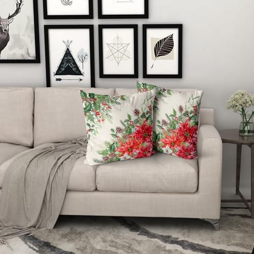 Giwawa Poinsettia Throw Pillow Covers Set of 2, 18"x18" Christmas Holly Berries Pine Cones Winter Red Floral Decorative Square Pillow Cases, Soft Cotton Cushion Covers for Sofa Porch Bedding Decor