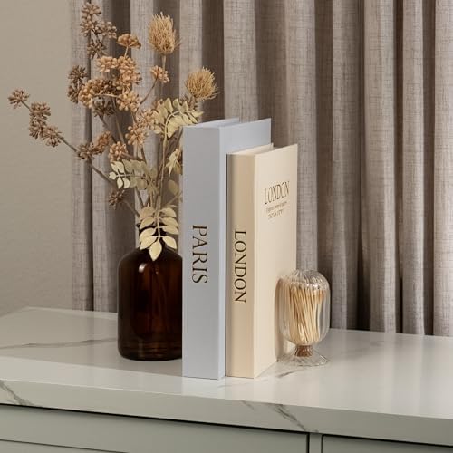 Decorative Books with Storage (Gray/Beige) – Set of 2 Faux Linen Book Boxes with Gold Stamped Covers – Enhance Your Coffee Table, Bookshelf Decor – Hidden Storage for Photos, Keepsakes, and Jewelry