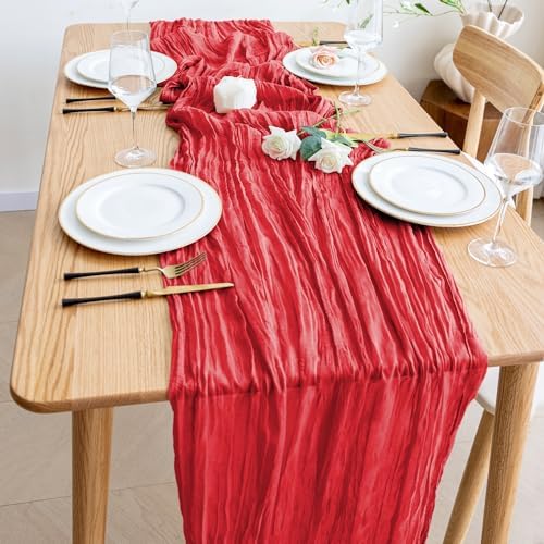 Wokceer Cheesecloth Table Runner Red 10FT Boho Gauze Runner, 4 Pack