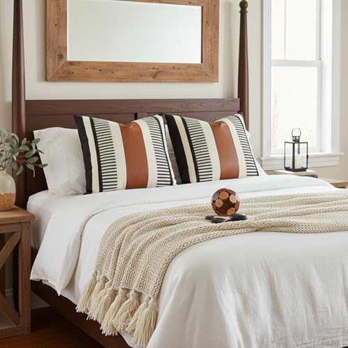 26x26 Boho Striped Pillow Cover with Faux Leather Accent, Black, 2 PC