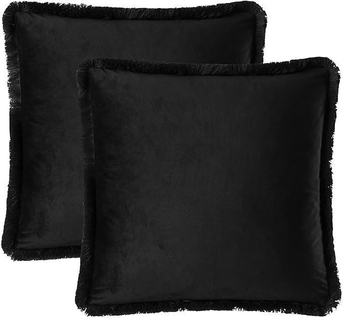 JUSPURBET Black Velvet Throw Pillow Covers 16x16 Inch Set of 2 with Soft Tassel Fringe Luxury Boho Pillowcase for Sofa Couch Bed Home Decor Machine Washable