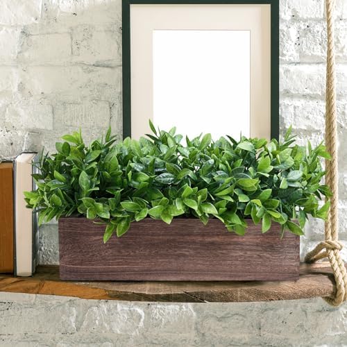 Winlyn 14" Artificial Boxwood Plants in Rectangular Wood Planter Farmhouse Greenery Arrangement Centerpiece Faux Potted Herb Plant for Wedding Dining Room Table Kitchen Windowsill Mantel Shelf Décor