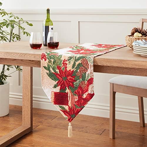 Violet Linen Decorative Christmas Poinsettias Candles Design Tapestry, 13" X 70" Table Runner