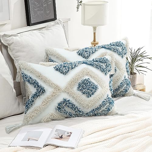Merrycolor Boho Throw Pillow Covers 12x20 Blue Decorative Lumbar Pillow Covers with Tassels for Couch Bed Sofa Textured Tufted Pillow Covers, Light Blue and White