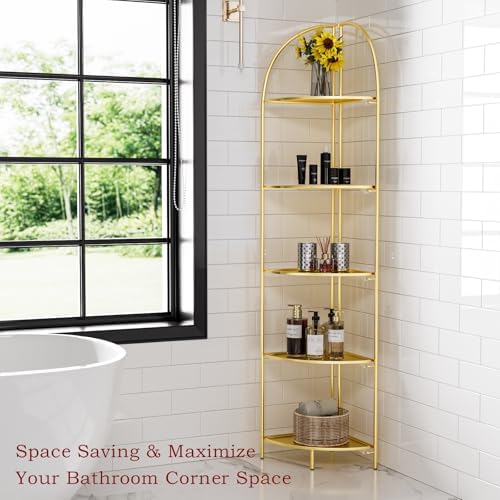 Crofy 5-Tier Foldable Corner Shelf, Metal Gold Frame & Shelves