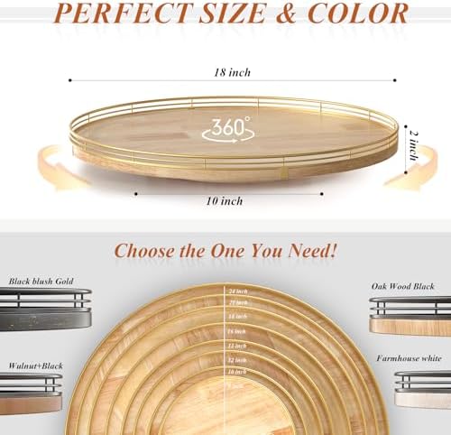 AMH 18-Inch Rustic Lazy Susan with Solid Oak Base and Black Iron Rail