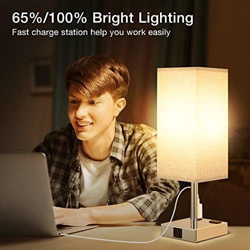 Light Grey Touch Lamps Set for Bedroom - Dimmable, USB C+A, 2 AC Outlets