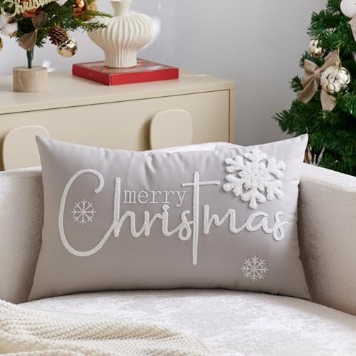 Merry Christmas Pillow Covers 12x20 Inch Embroidery Snowflake Xmas Decorative Lumbar Throw Pillow Cover Winter Holiday Pillow Case Cushion Cases for Sofa Couch Living Room Decorations Gray