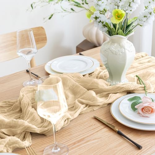 Asee'm Sand Cheesecloth Table Runner 10FT Summer Boho Gauze Sheer Rustic