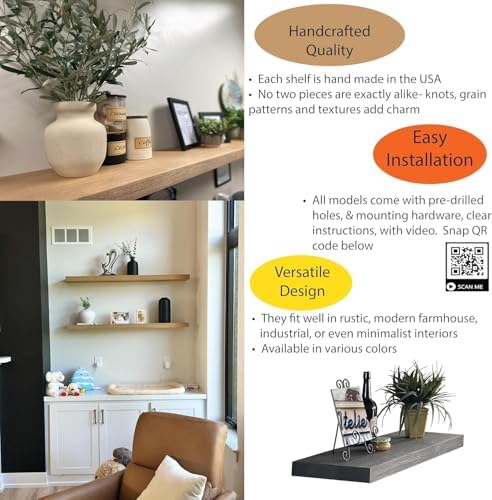 joelsantiques 42 Inch Floating Shelves for Wall -42x6x2 in - Unfinished Wood Shelf Design, Wooden Wall Shelves for Bathroom, Wall Mount for Bedroom & Kitchen Floating Storage Living Room