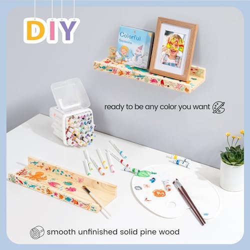 Picture Ledge Shelf for Wall, 24 inch Solid Pine Wood Nursery Book Shelves 2 Packs, Floating Ledge Shelves for Kids' Room Bedroom Bathroom Living Room Photo Frames Office Nursey Wall Decor, Natural