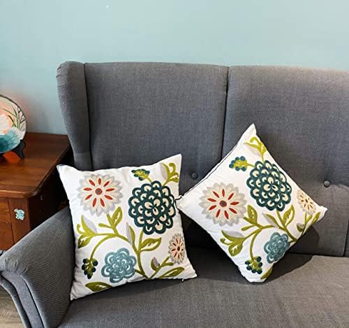 Flower Embroidered Pillow Covers 18x18 Summer Decorative Pillowcases Colorful Farmhouse Plant Cushion Covers for Couch Sofa Bed Living Room Picnic 2 Pcs