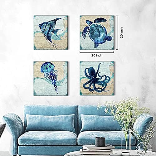 Teal Ocean Animal Bathroom Wall Decor Aqua Blue Octopus Turtle Wall Art Sea Fish Angelfish Canvas Print Mediterranean Style Painting Pictures Artwork Nursery Kids Bedroom Home Decorations 24x24” 4Pcs