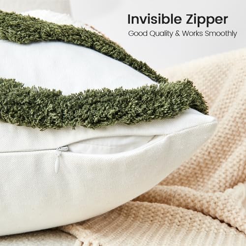 lifein 18x18 Pillow Covers-Throw Pillow Covers Boho Couch Pillows Embroidered Decorative Accent Pillows Mid Century Textured Pillowcases for Couch Sofa Living Room Bed (Olive Green and Cream)