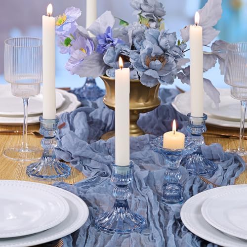 DARJEN 12PCS Blue Candlestick Holders Set- 4" H Taper Candle Holders, Glass Candle Holders Bulk for Wedding, Party, Home Table Centerpieces, Festival Gifts & Windowsill Decor