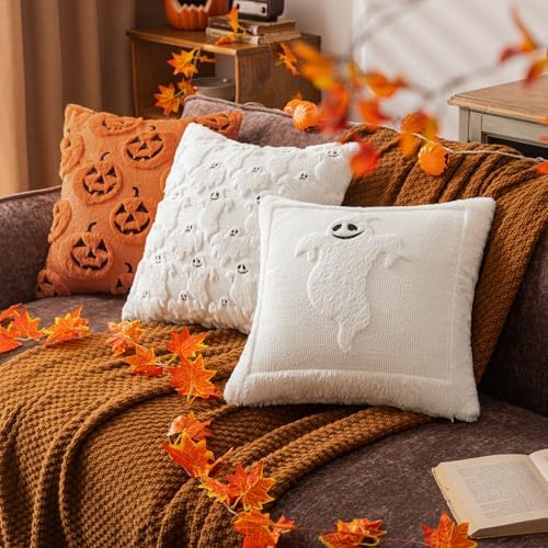 Black Halloween Pumpkin Fall Throw Pillow Covers 20"x20" Set of 2 Soft Faux Fur Ghost Pillow Covers for Couch Sofa Bed, Cute Autumn Farmhouse Cushion Case for Holiday Home Living Room Decor