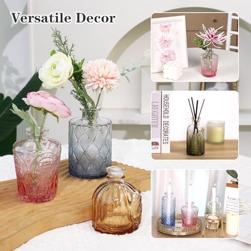 CUCUMI 12pcs Bud Vases for Centerpieces, Colorful Vintage Glass Vase Set | Small Colored Vintage Vases for Centerpieces, Decorative Flower Vases for Wedding Home Table Decor(Amber, Blue, Green, Pink)