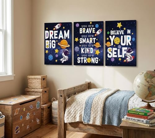 3Pcs Inspirational Space Astronaut Kids Canvas Wall Art, Inspirational Quotes Painting Picture Wall Decor, Boys Positive Affirmative Poster Print Artwork for Playroom, Classroom, 16x24in