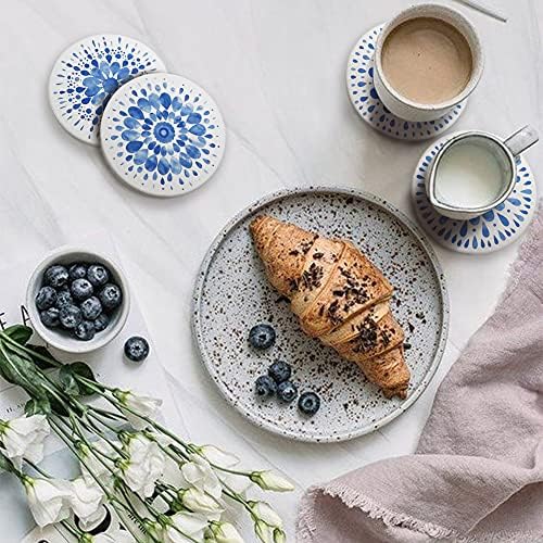 AD Set of 6 Coasters for Drinks Absorbing Round Ceramic Stone Coaster with Cork Base,Tabletop Protection Mat for Mugs and Cups,Office,Kitchen (Indigo Blue 2)