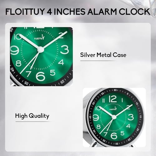 FLOITTUY Super Silent Metal Alarm Clock,Beep Wake Round Alarm Clock with Strip Night Light,Battery Operated,Easy Set,Simple & Retro for Desk, Bedroom and Home Decoration(Emerald Green)