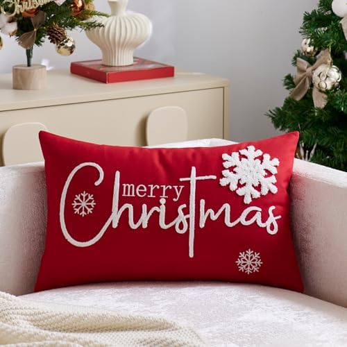 Merry Christmas Pillow Covers 12x20 Inch Embroidery Snowflake Xmas Decorative Lumbar Throw Pillow Cover Winter Holiday Pillow Case Cushion Cases for Sofa Couch Living Room Decorations Red