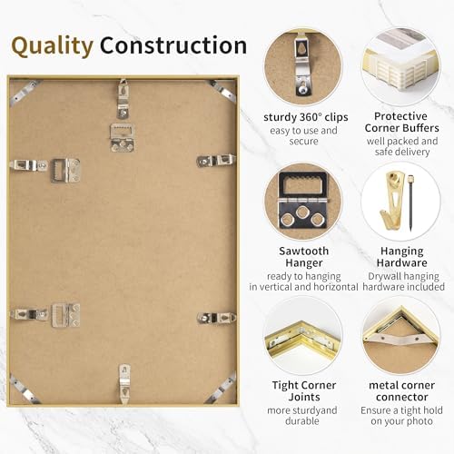 11x17 Metal Picture Frame with 8x12 Mat, Brushed Aluminum Finish, Attached Hanging Hardware, and Tempered Glass Front - Versatile Vertical or Horizontal Wall Display Frames Set of 1 - Gold