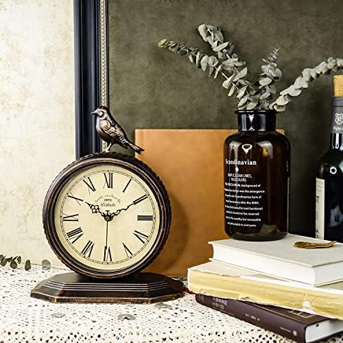 Desk Clock for Bedroom Kitchen Vintage Table Clock Mantel Desktop Farmhouse Tabletop Metal Clock for Office Living Room Silent Decor Battery Operated Bird