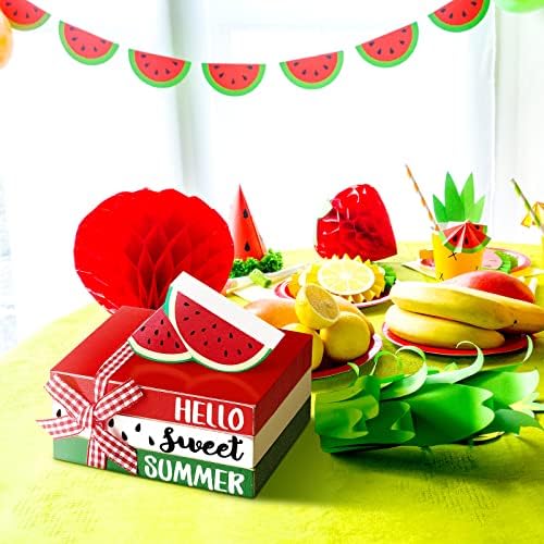 Blulu 6 Pcs Watermelon Decorations for Home, Summer Watermelon Wooden Table Decor, Hello Sweet Summer Tabletop Centerpieces Red Green Tassel Bead Garland for Home Kitchen Shelf Office Desk Tiered Tray
