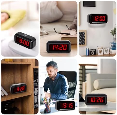 Digital Alarm Clock Battery Operated with LED Display for Bedrooms, Long Battery Life for 12 Months, 3 Brightness Adjustable, 12/24 Hour, Snooze, Black Case with Red Digits