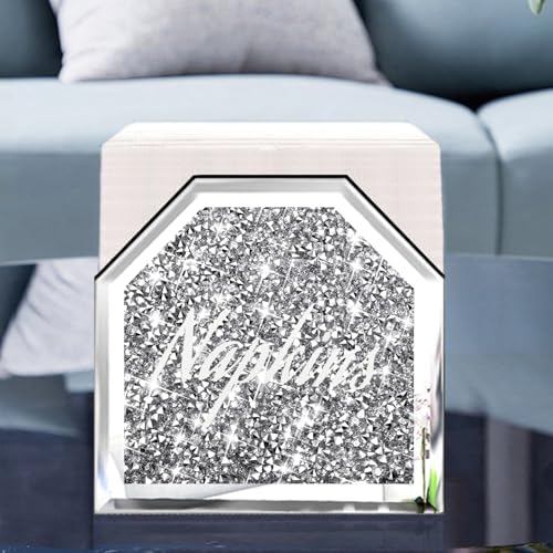 Wocred Mirror Napkin Holder,Crystal Crushed Diamond Vertical Holder,Cute Tissue Holder Holds Napkins Upright for Bathroom,Dining Table,Kitchen Table.(5.9”X5.9”X3”)