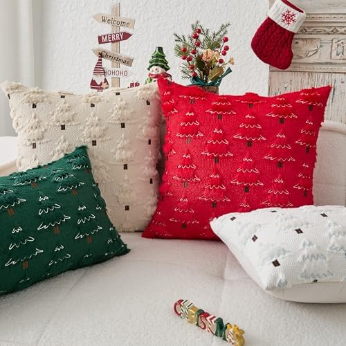 Kevin Textile Christmas Tree Pillow Covers 18x18 Inch Set of 2 Soft Plush Faux Fur with White Snow Embroidery Decoration Pillowcases for Couch Sofa Holiday Festivals Winter Xmas Gift, Beige