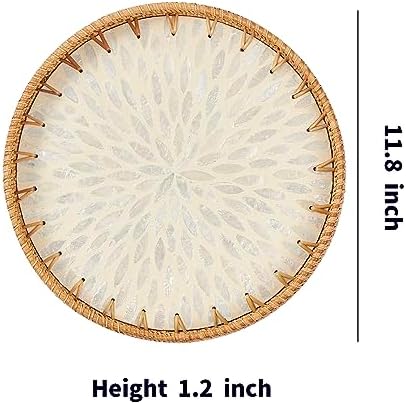 Kmelep Round Rattan Tray with Mother of Pearl Inlay, Rattan Serving Tray with Wooden Base, Decorative Wicker Basket for Table Decor, Storage and Display of Coffee Bread Food Fruit (Leaf 2)