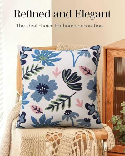 Embroidered Floral Boho Throw Pillow Cover 18x18 Inch - Decorative Cotton Pillow Case for Couch, Sofa, Bedroom, Living Room - Farmhouse Home Aesthetic Housewarming Gifts (Blue Serenity, 18" x 18")