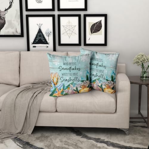 Giwawa Coastal Christmas Pillow Covers Set of 2, Blue Nautical Seashell Xmas Winter Snowflakes Throw Pillow Cases 16x16 Inch, Double Sided Square Cushion Covers for Sofa Couch Bedding Decor