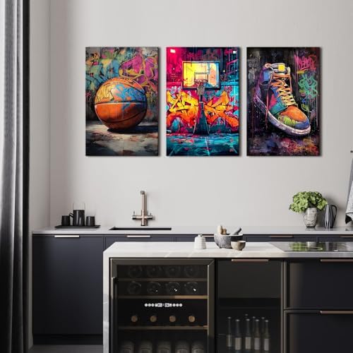 Basketball Graffiti Canvas Wall Art Abstract Banksy Sports Wall Decor for Teen Boys Room Street Pop Art Retro Basketball Court Posters Prints Artwork Man's Bedroom Playroom Decorations 16x24 3Pcs