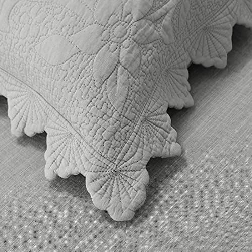 vctops 2-Piece Embroidered Cotton Quilted Pillow Shams Vintage Floral Decorative Pillow Covers Boho Pillow Cases Queen Size, Grey