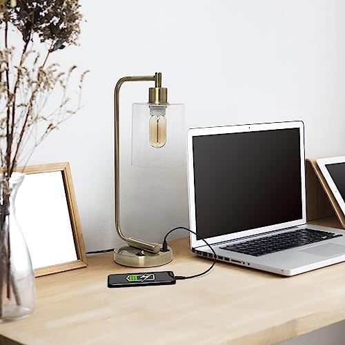 Simple Designs LD1066-ABS-LB Industrial Vintage Bronson Iron Lantern Desk Table Lamp with USB Port and Glass Cylinder Shade for Office, Living Room, Bedroom, Antique Brass, With Feit LED Bulb Included